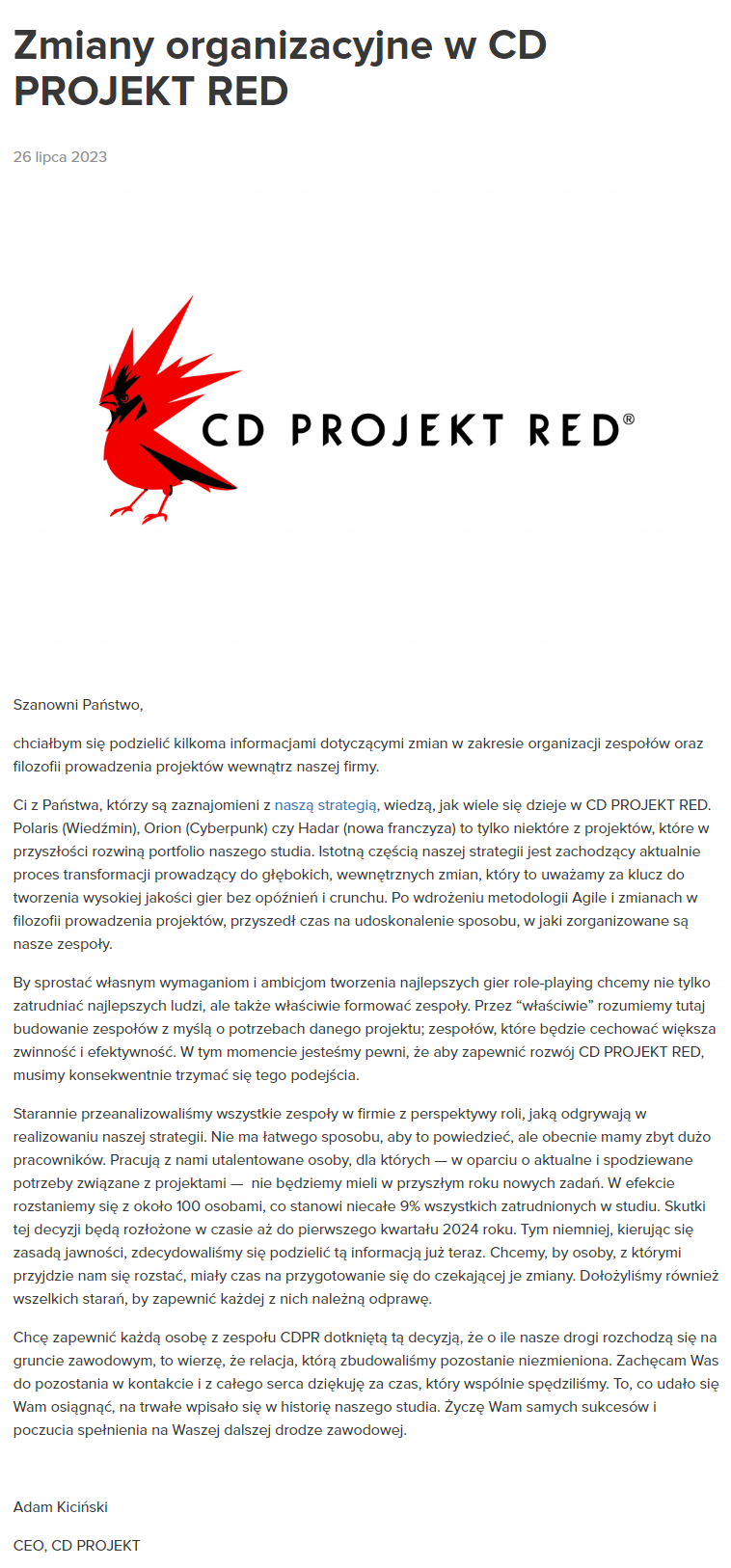 员工“人满为患” 开发商CDPR宣布将裁员9%