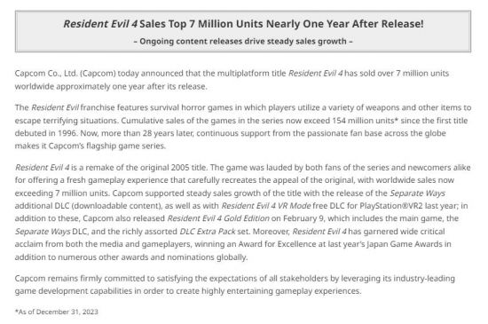发售一年之后 《生化危机4：重制版》销量突破700万